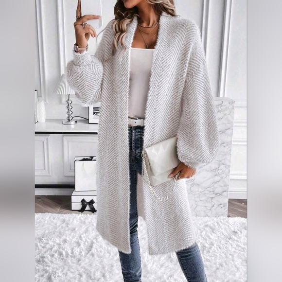 New Chic Fluffy Chevron Knit Cardigan Sweater Duster White Cream Ivory Tan - Picture 6 of 8